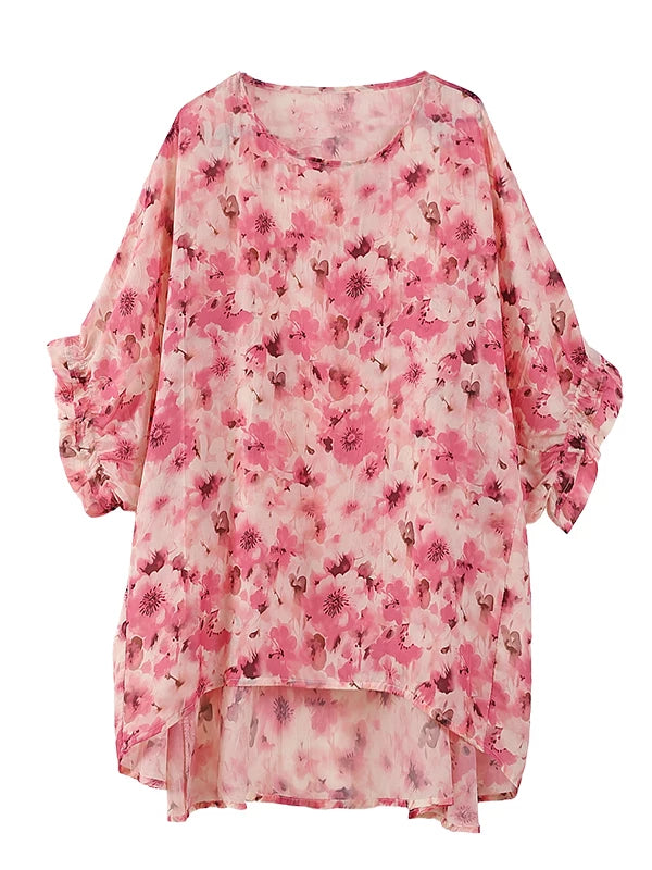 Floral Print Relaxed Top with Ruffled Elbow Sleeves
