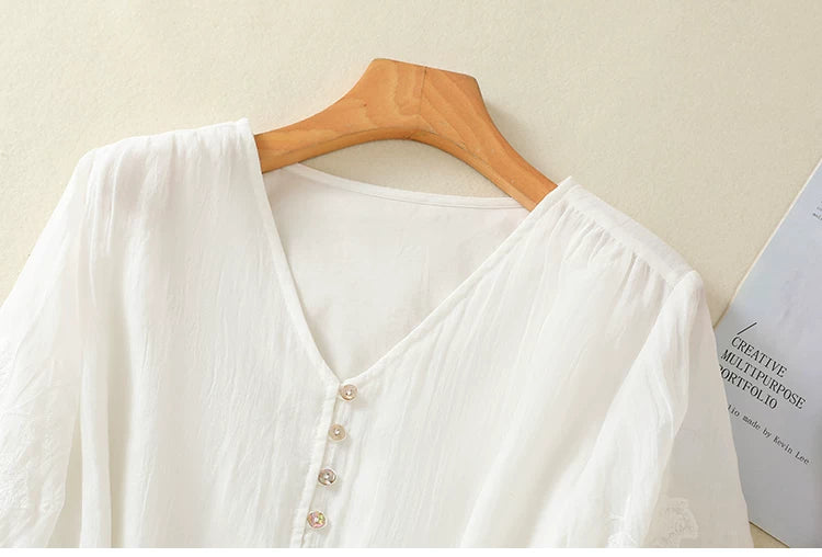 Embroidered Three Quarter Sleeve V-Neck Blouse