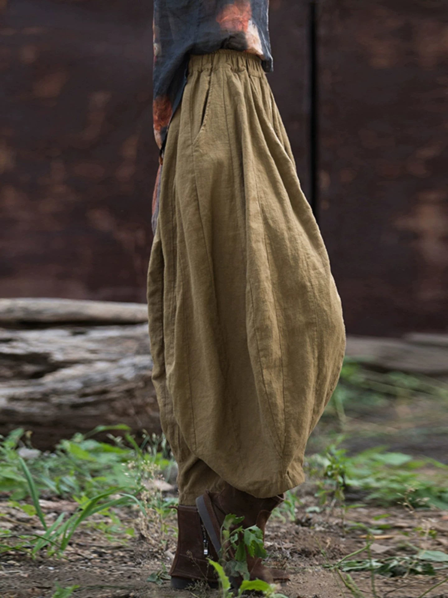 Balloon-Leg Pants in Linen-Look Textured Fabric
