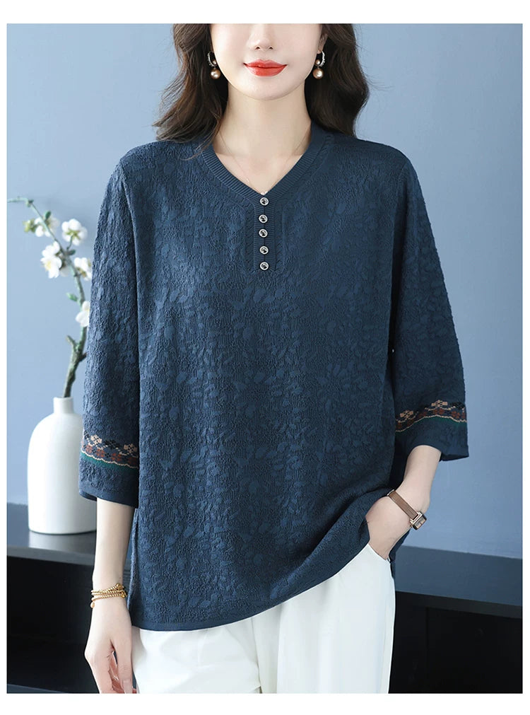 Textured Woven Blouse with Embroidered Cuffs