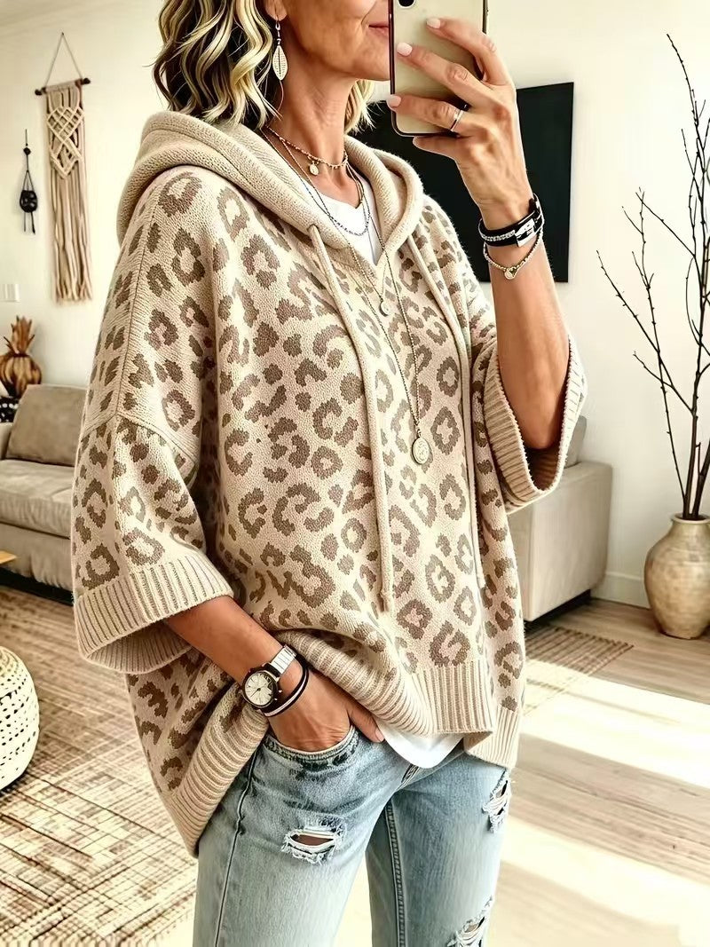 Leopard Jacquard Hooded Knit Top, Oversized Pullover