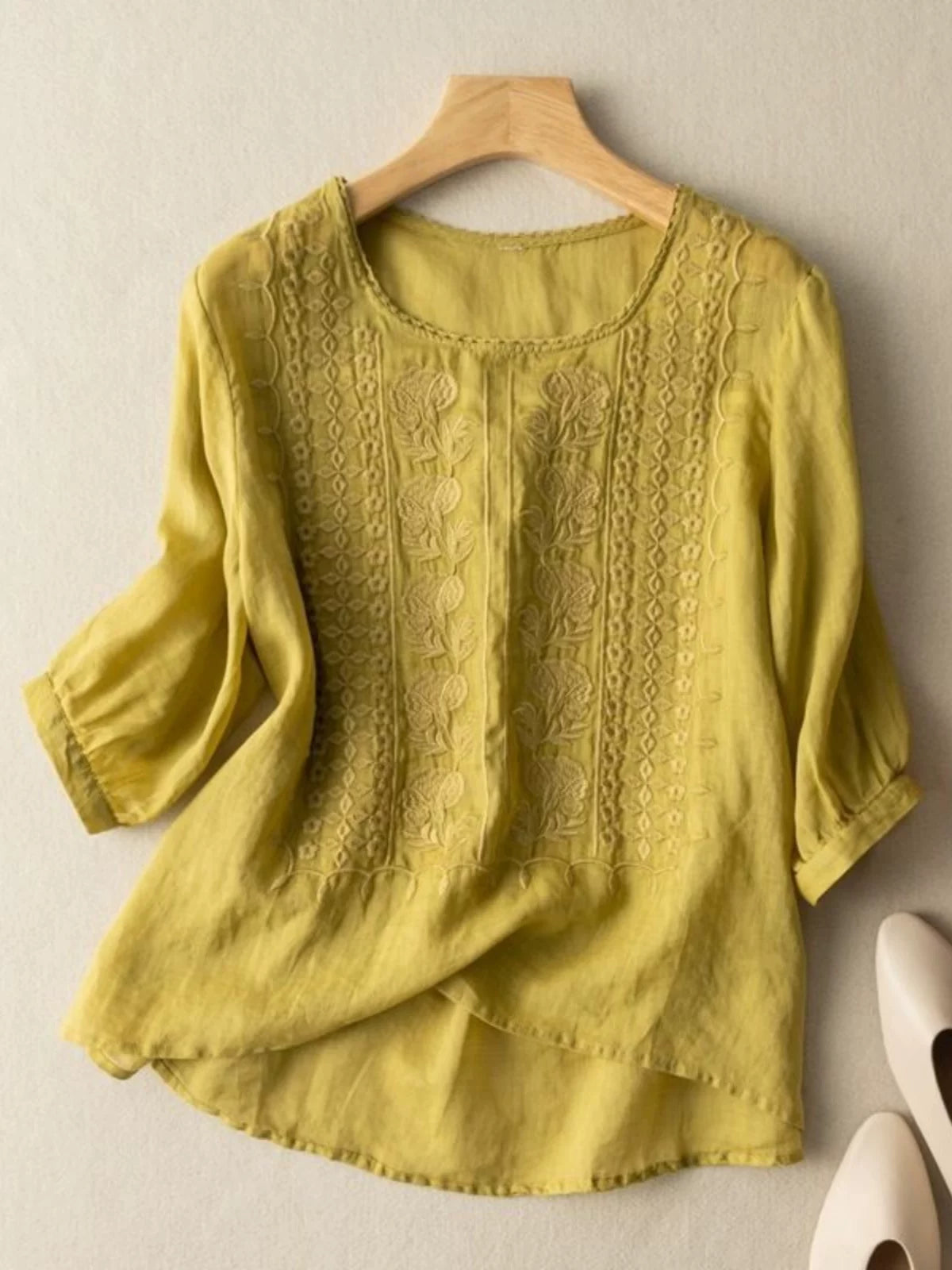 Embroidered Relaxed Top with Elbow-Length Sleeves
