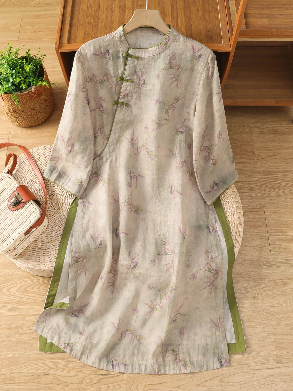 Bamboo Print Cotton Linen Three Quarter Sleeve Shirt