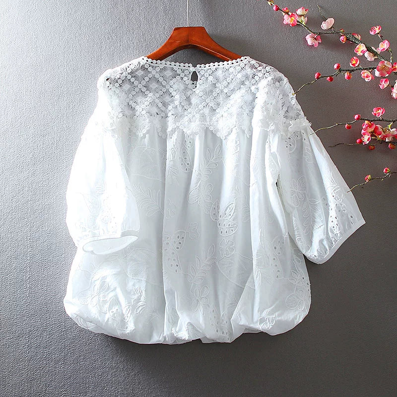100% Cotton Top with Eyelet Embroidery & Lace Trim