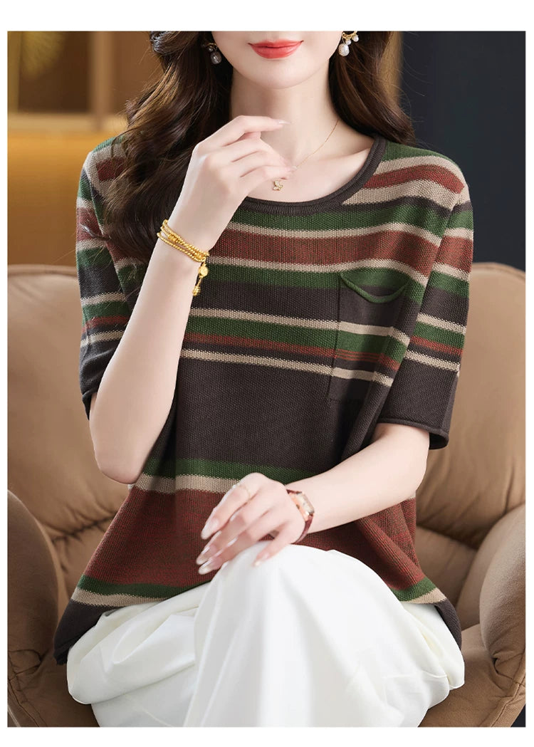 Relaxed Striped Knit Top with Chest Pocket