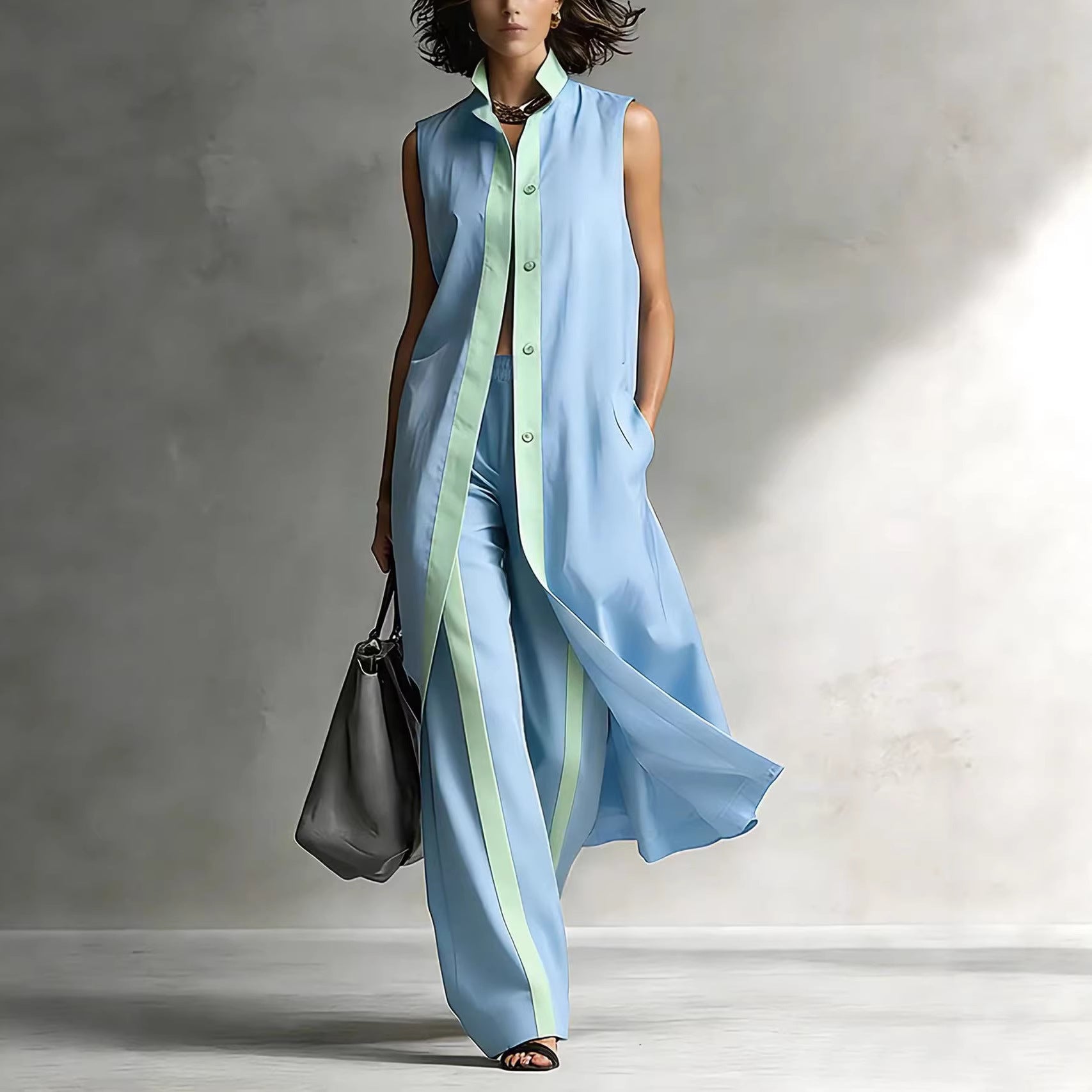 Relaxed Two-Piece Set with Stand Collar & Contrast Piping