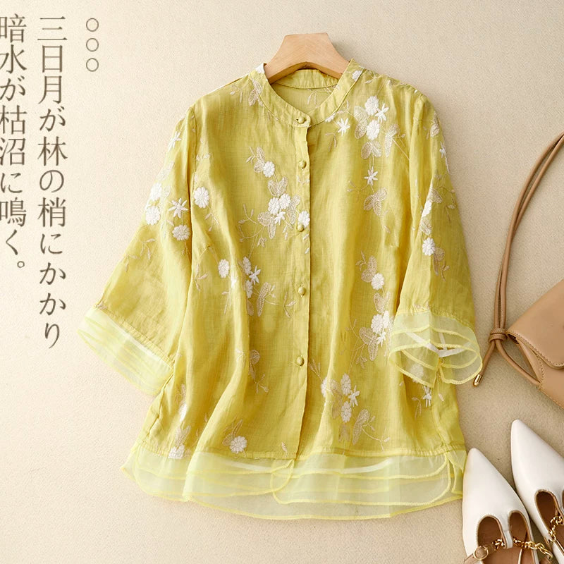 Embroidered Three Quarter Sleeve Shirt, Cotton Linen