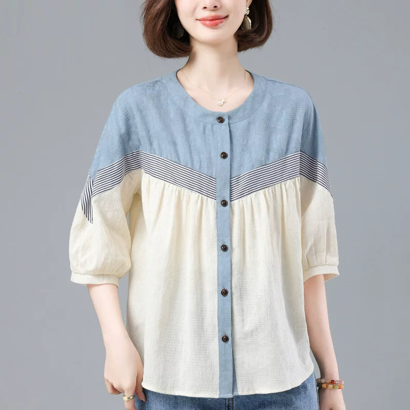 100% Cotton Color-Block Button Top with Striped Trim