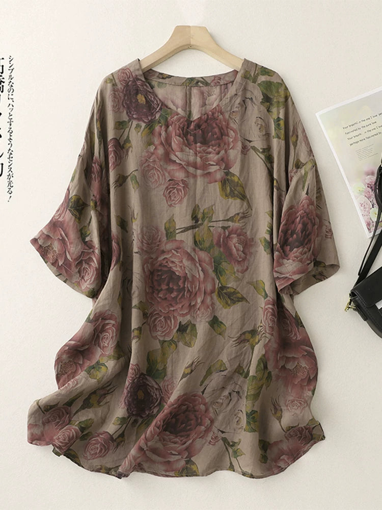 Floral Print Cotton Linen Half Sleeve Tunic