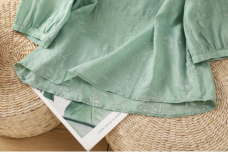 Embroidered Botanical Vine Cotton Linen Three Quarter Sleeve Shirt
