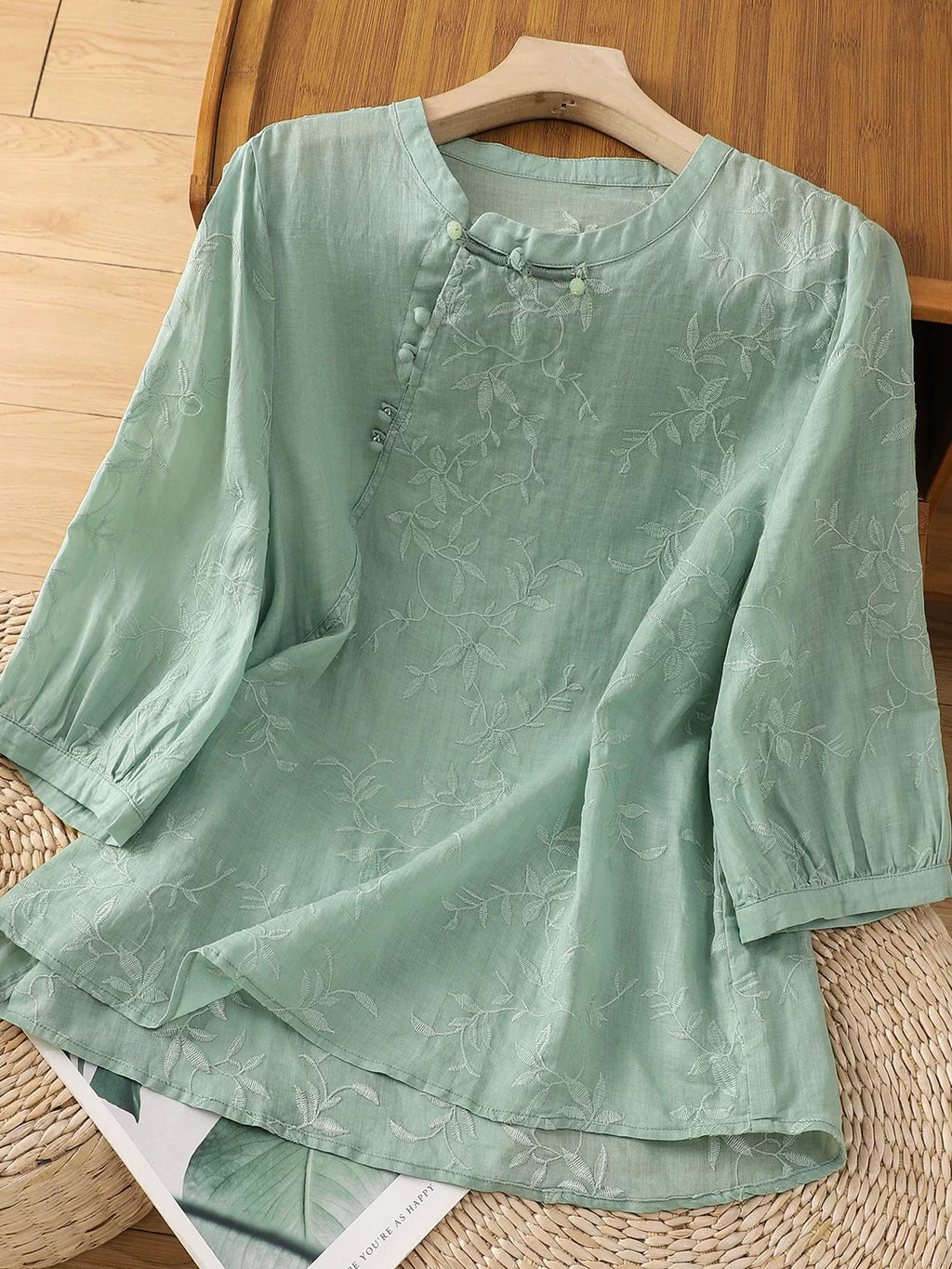 Embroidered Botanical Vine Cotton Linen Three Quarter Sleeve Shirt