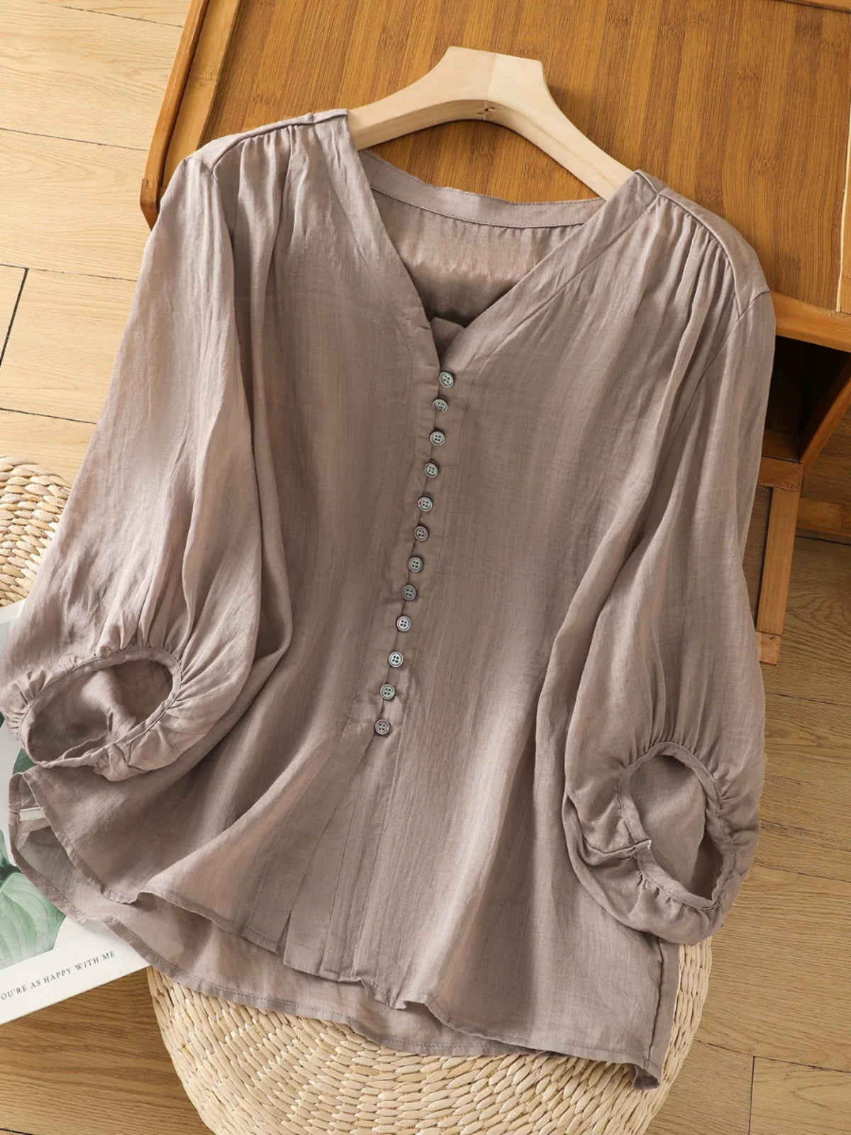 Cotton Linen V-Neck Long Sleeve Shirt with Lantern Sleeves