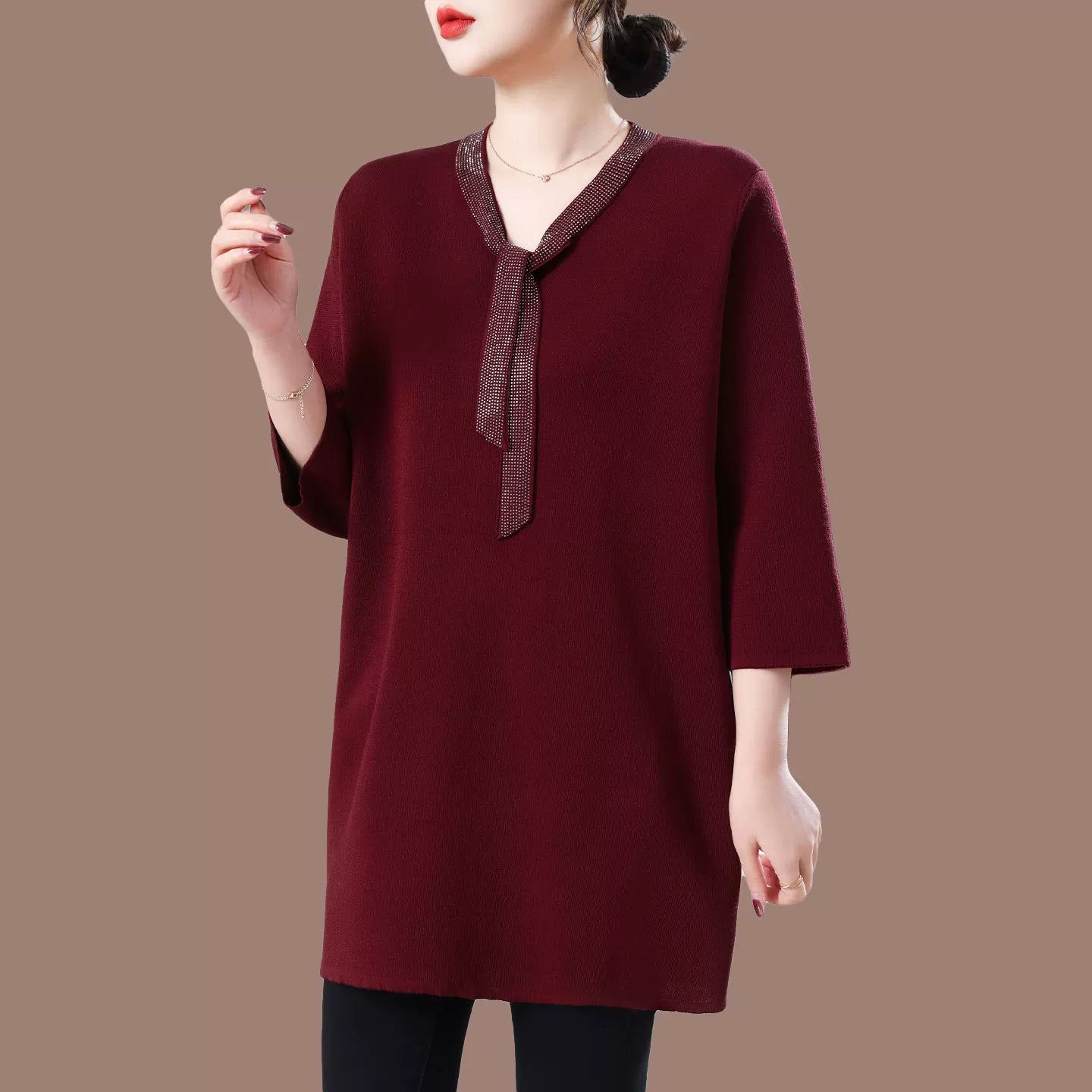 Silky-Feel V-Neck Top with Decorative Tie Detail