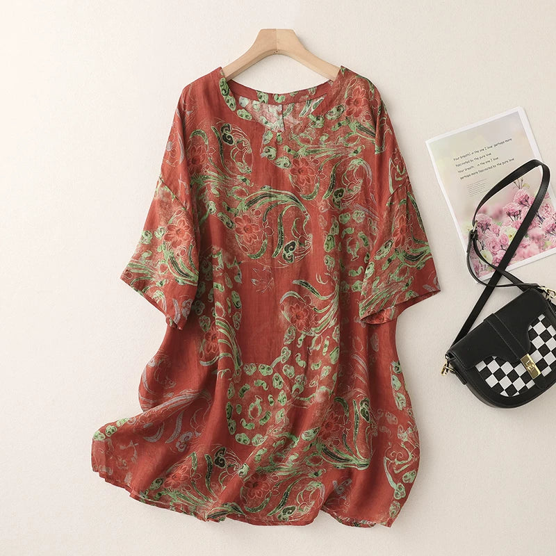 Floral Print Cotton Linen Half Sleeve Tunic