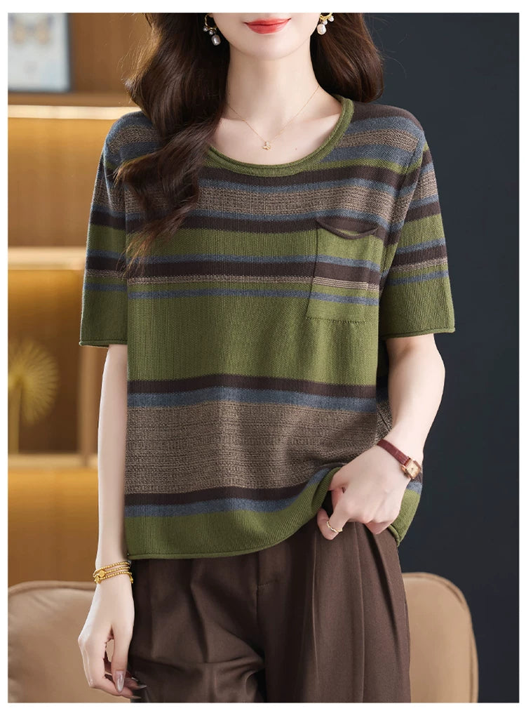 Relaxed Striped Knit Top with Chest Pocket