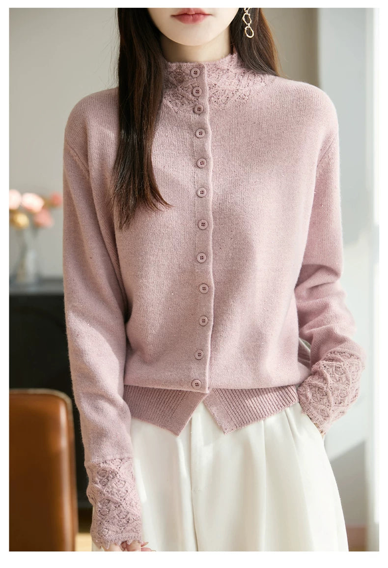 Soft Knit Cardigan with Lace Trim & Shiny Flecks