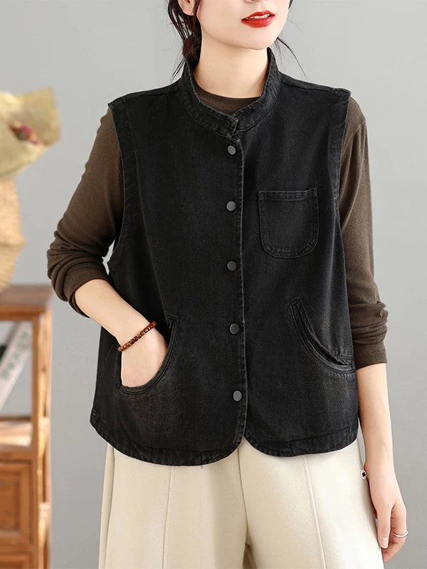 Distressed Washed Denim Vest for Women