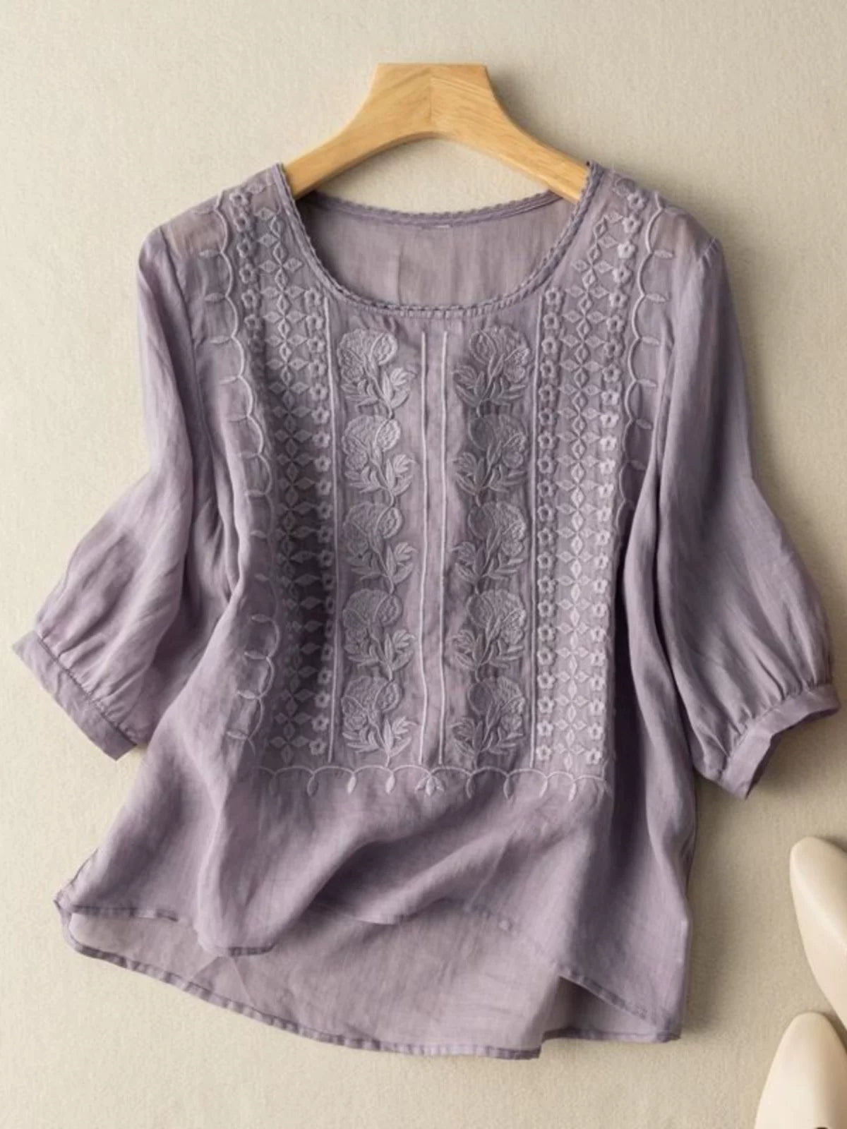 Embroidered Relaxed Top with Elbow-Length Sleeves