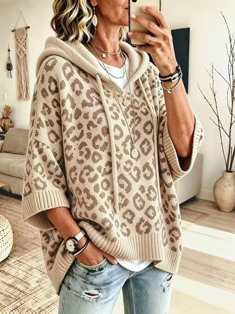 Leopard Jacquard Hooded Knit Top, Oversized Pullover