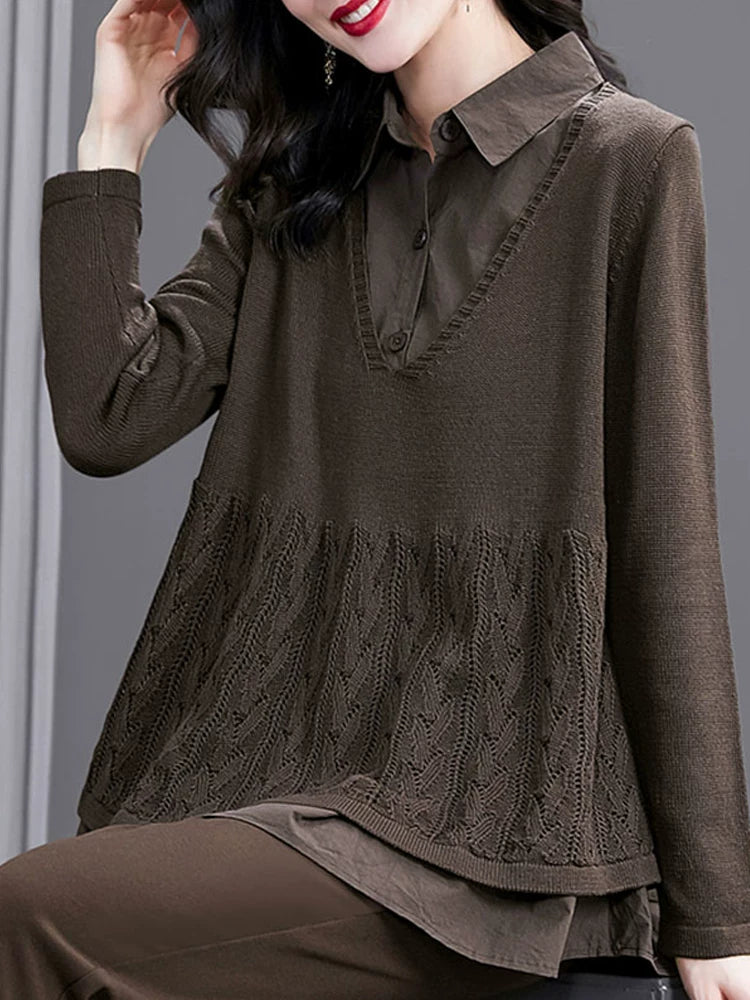 Relaxed Knit Top with Textured Lower Panel & Layered Hem