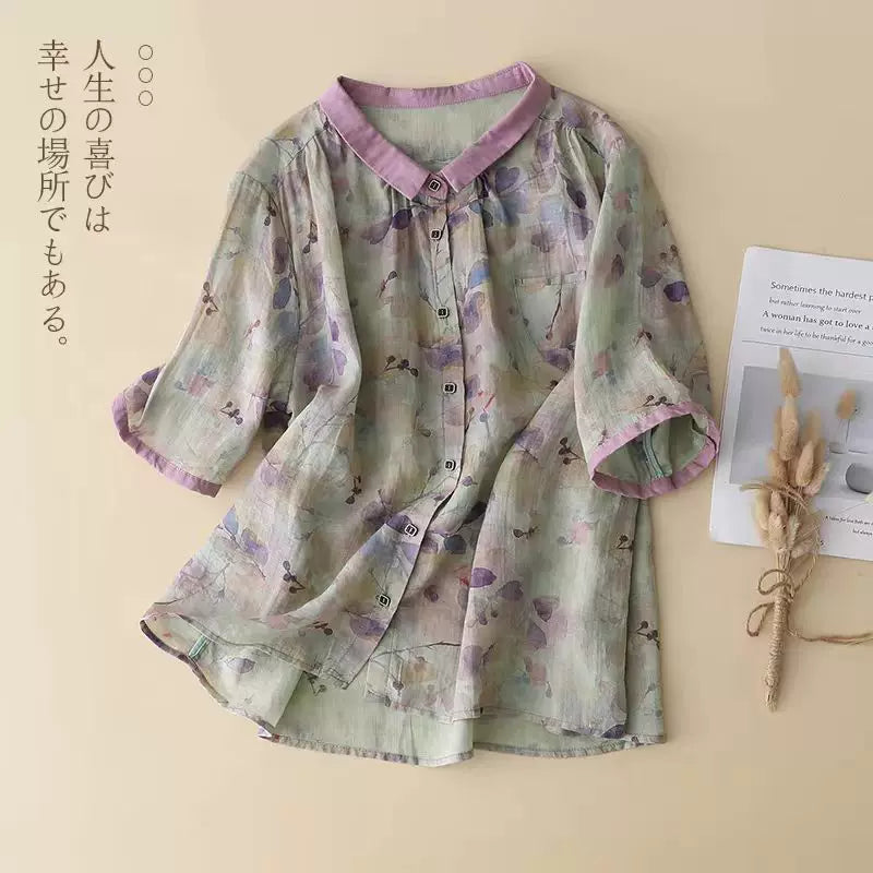 Floral Print Cotton Linen Three Quarter Sleeve Shirt