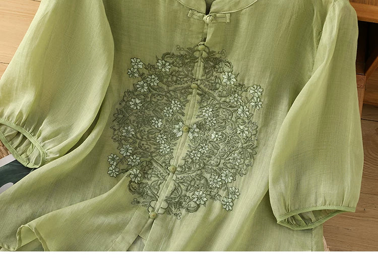 Cotton-Linen Blouse with Floral Lace Embroidery