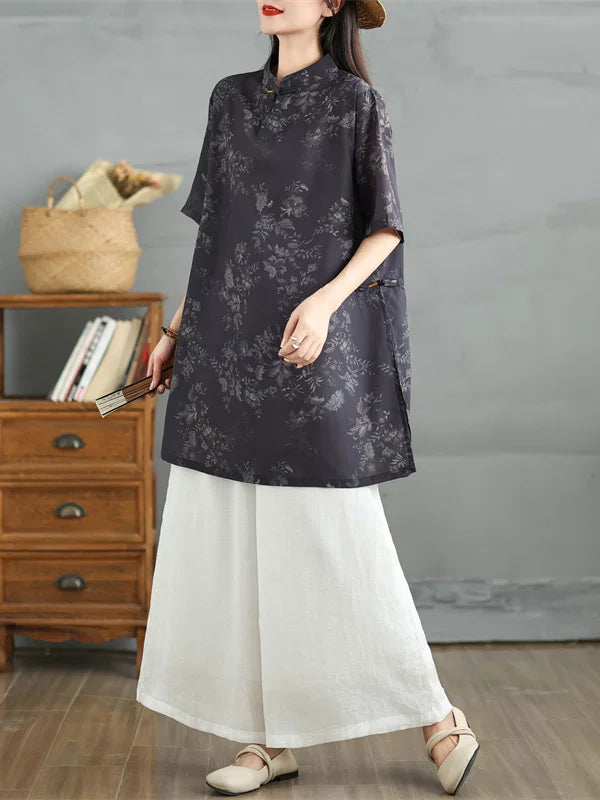 Vintage Print Linen Short Sleeve Shirt for Women - Summer Loose Fit with Slanted Lapel and Button Closure
