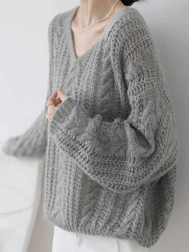 Oversized Mohair-Blend Knit Top with Openwork Cable Detail