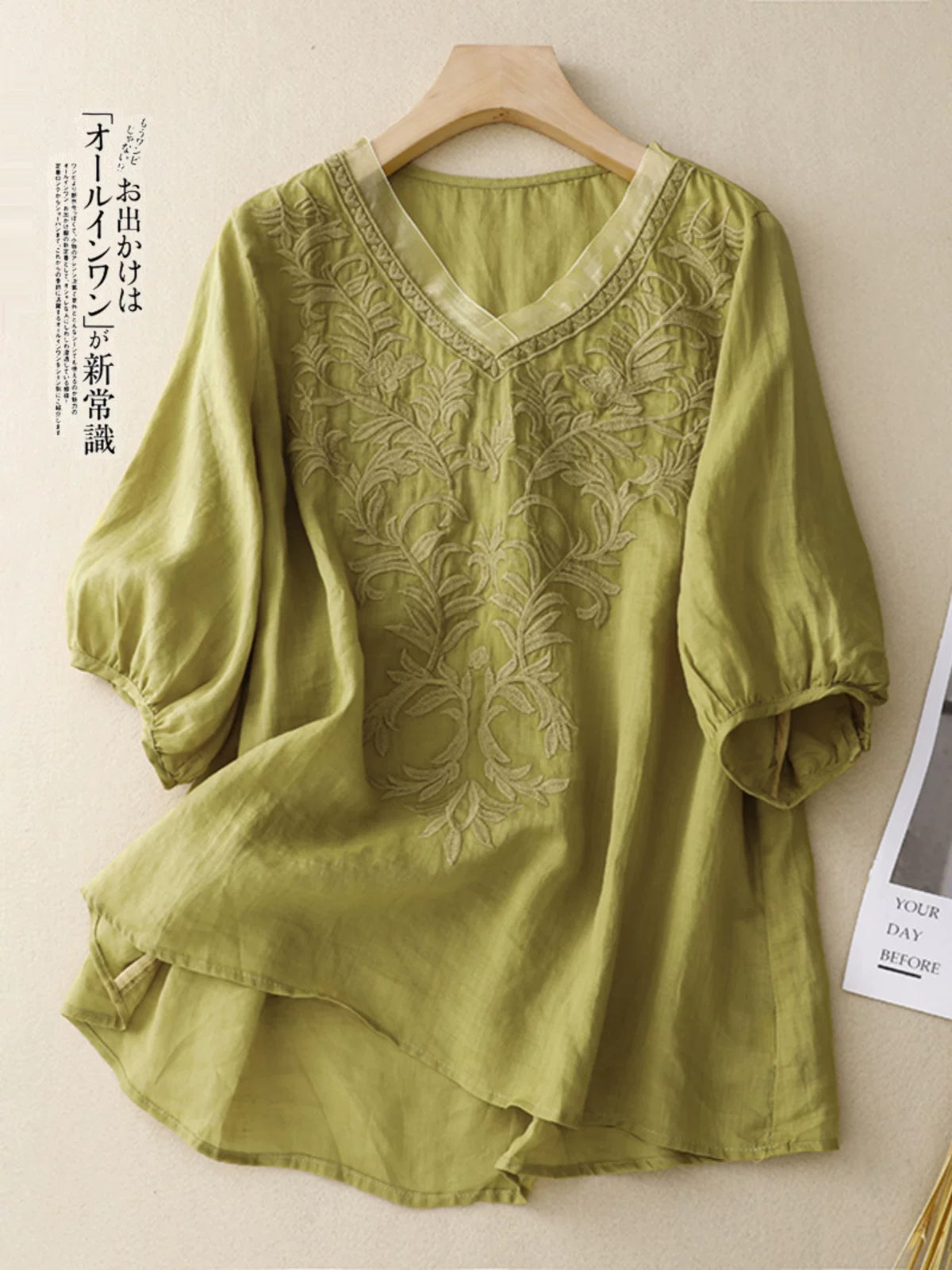 Embroidered Half Sleeve V-Neck Blouse, Cotton Linen