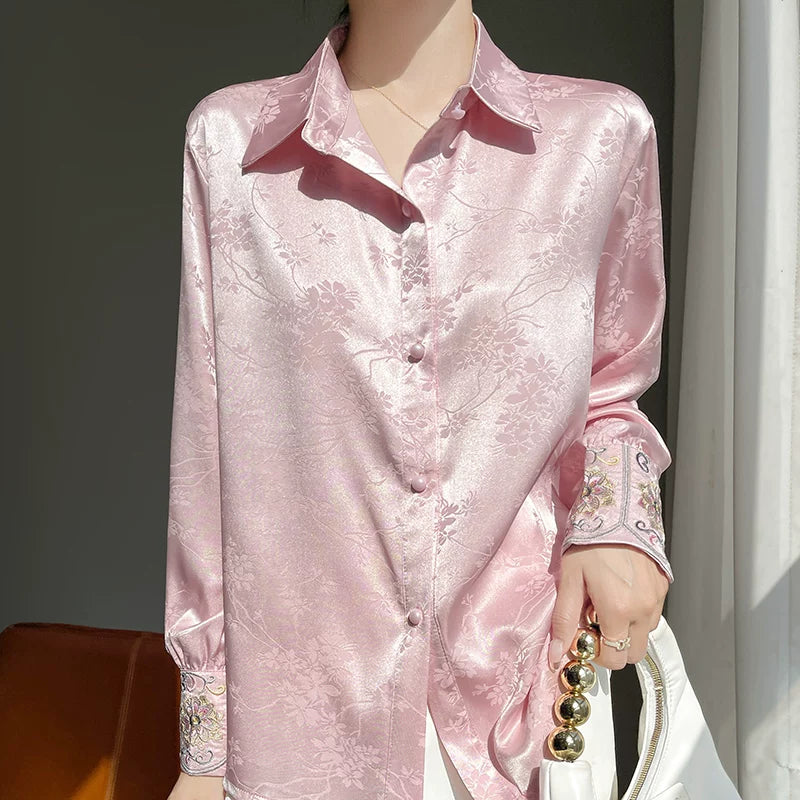 Acetate Satin Blouse with Jacquard Floral & Embroidered Cuffs