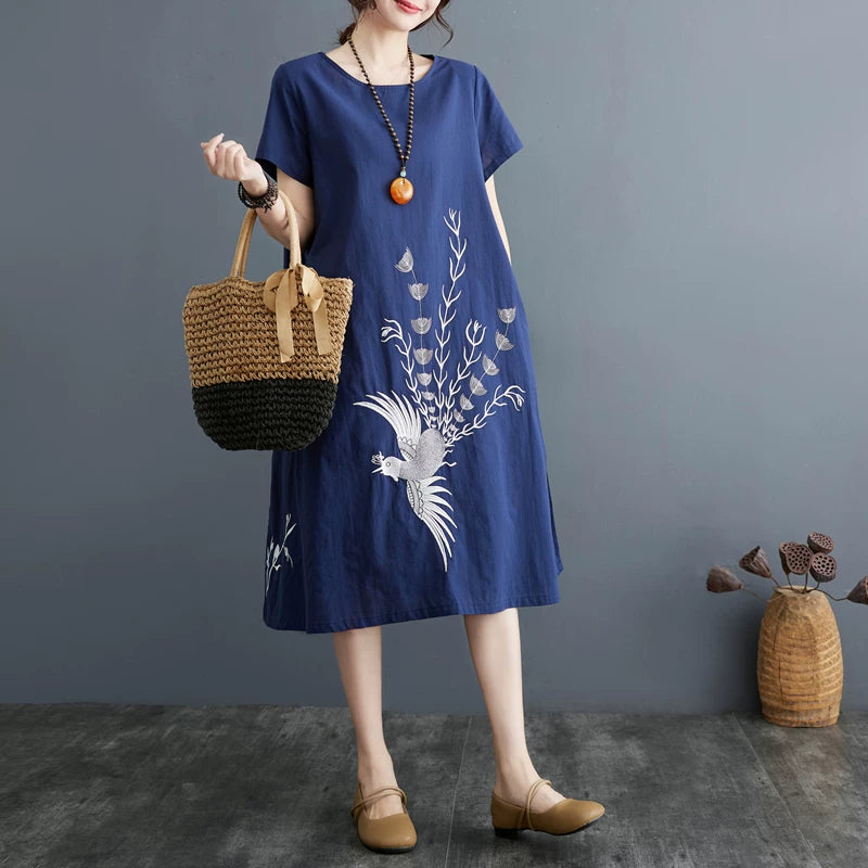 Embroidered Phoenix Short Sleeve Midi Dress
