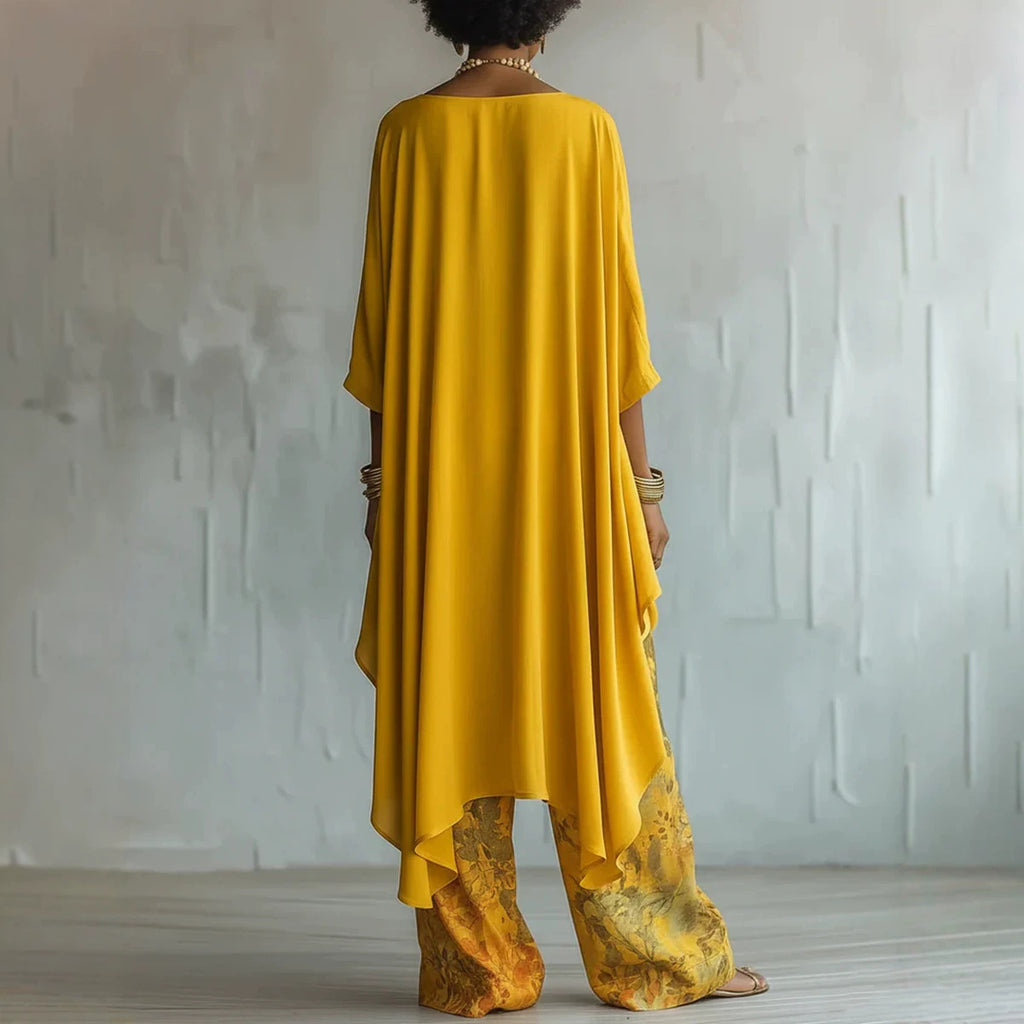 Relaxed Two-Piece Set with Asymmetrical Hem & Floral Pants