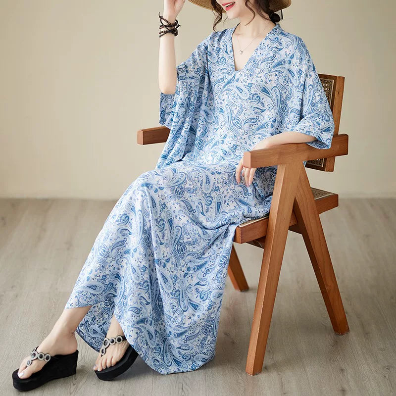 Relaxed Floral Short Sleeve Dress in Soft Cotton Blend