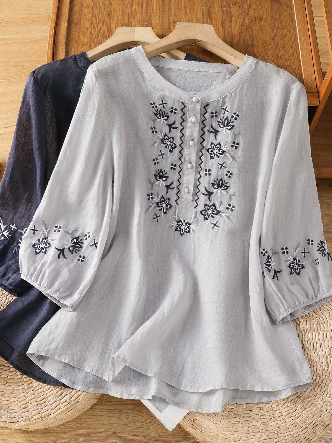 Embroidered Blouse with Elbow-Length Sleeves