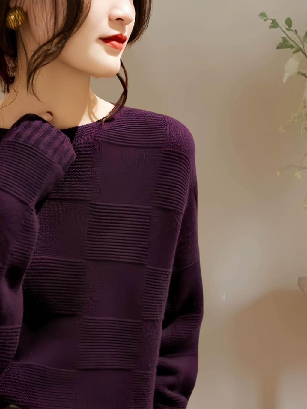 Relaxed Checkerboard Knit Top in Deep Purple