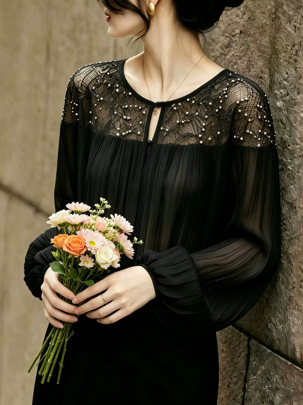 Black Lace-Overlay Top with Pearl-Beaded Yoke