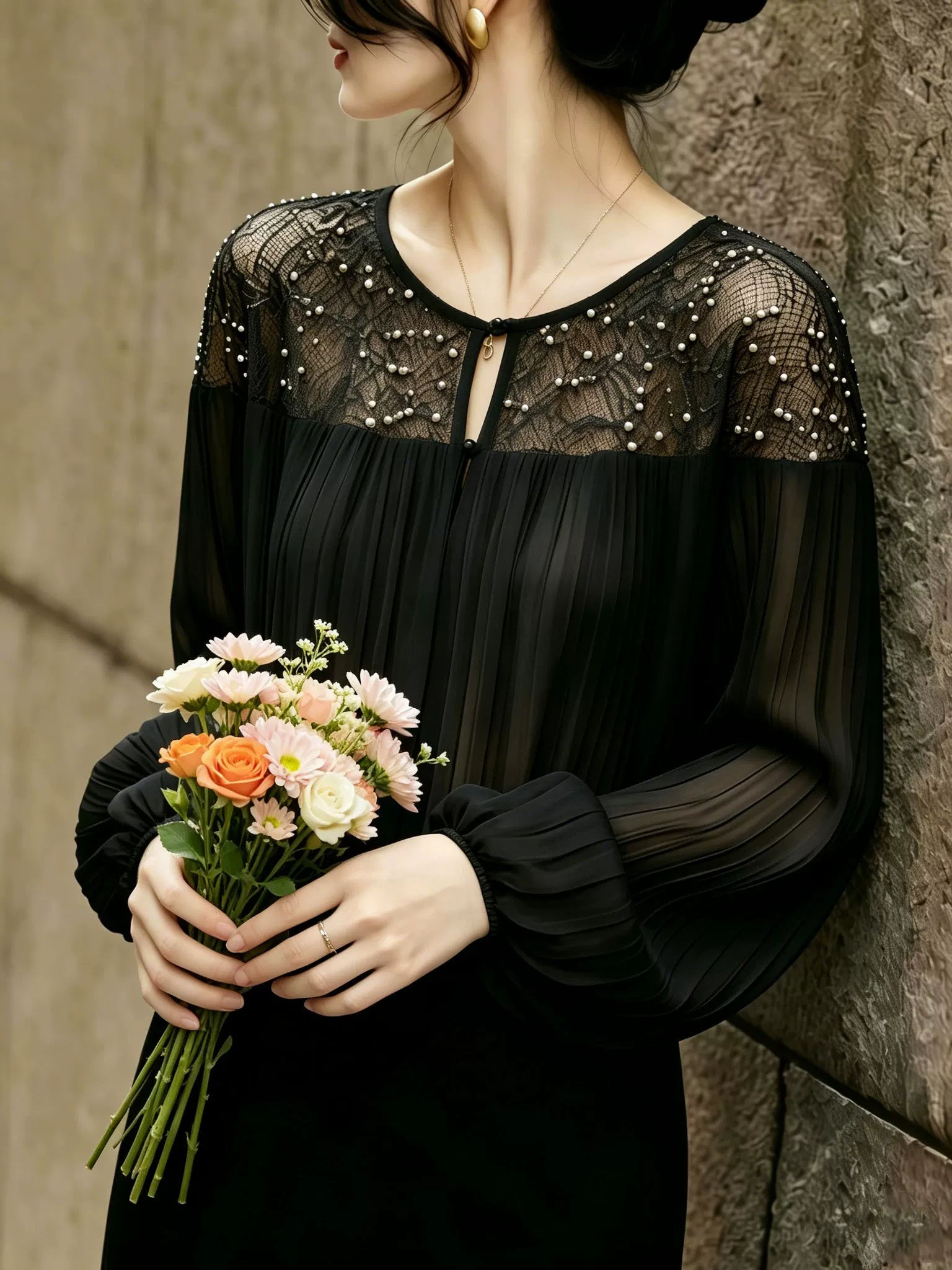 Black Lace-Overlay Top with Pearl-Beaded Yoke