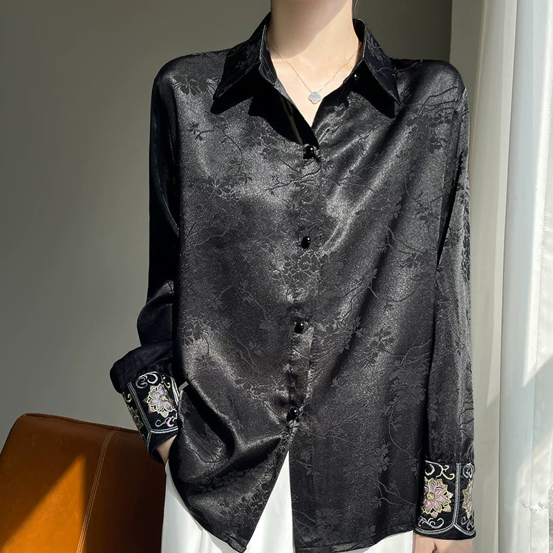 Acetate Satin Blouse with Jacquard Floral & Embroidered Cuffs
