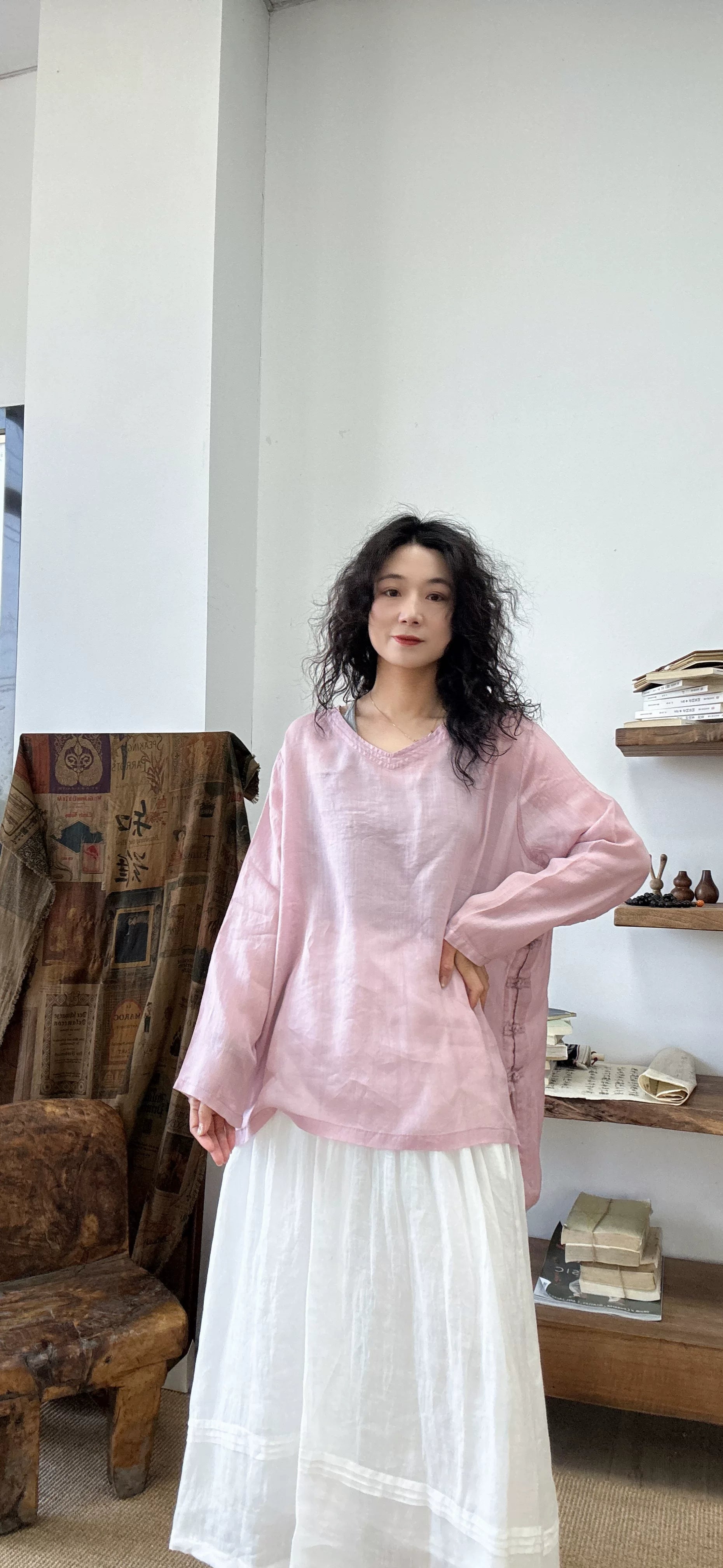 Ramie Relaxed Long-Sleeve Top in Soft Hues