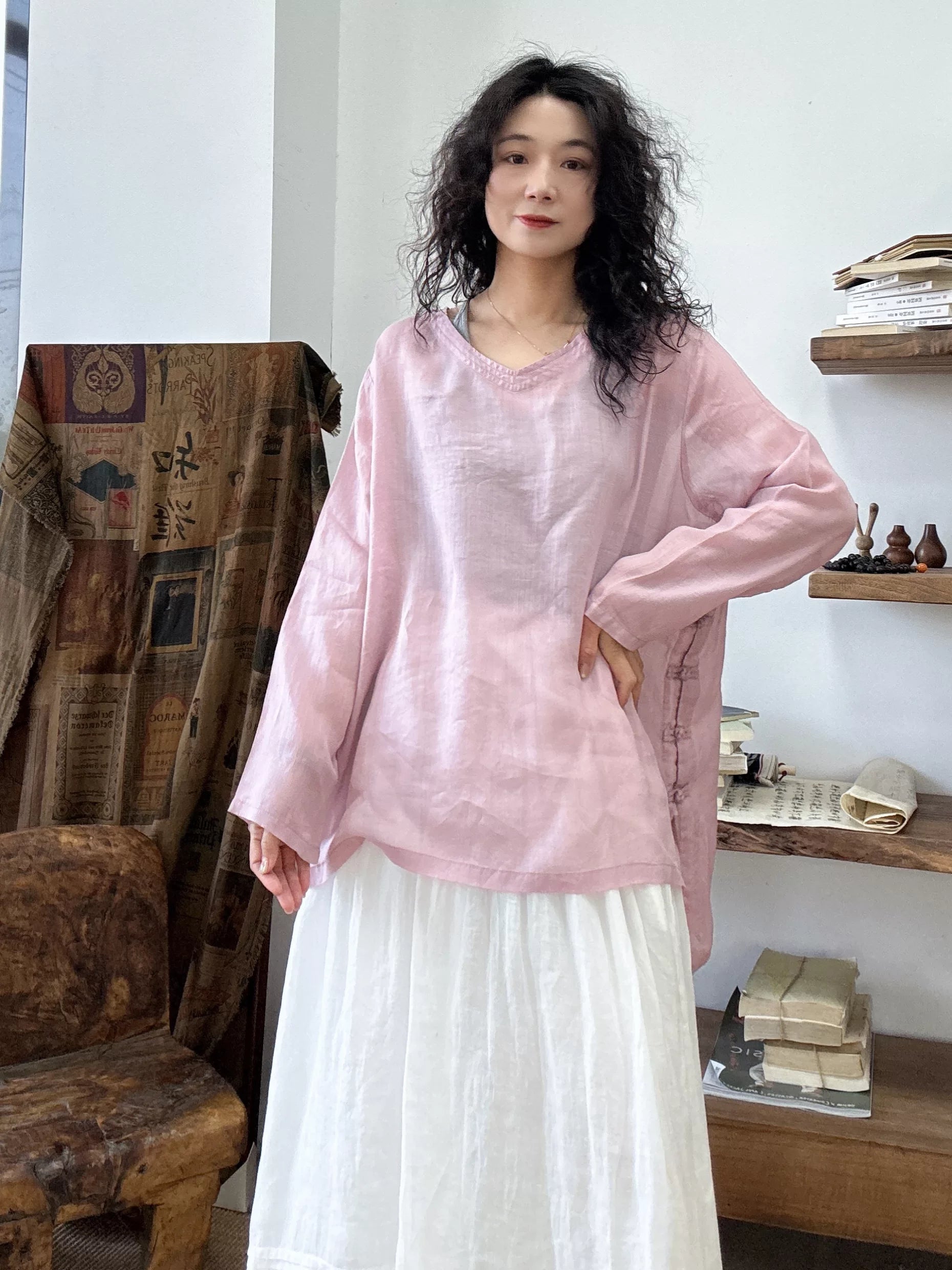Ramie Relaxed Long-Sleeve Top in Soft Hues