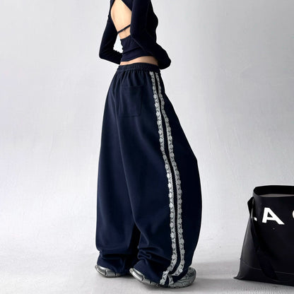 Korean-Style Lace-Trimmed Straight Leg Sweatpants