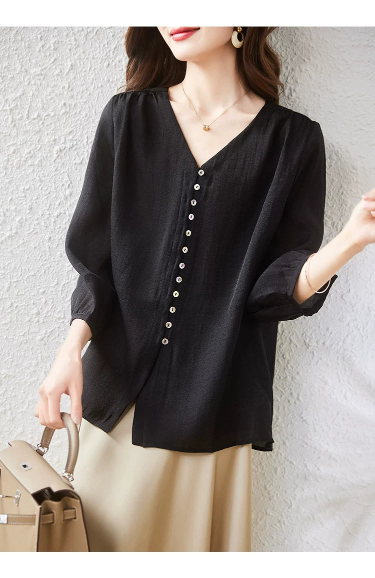 Black Button-Front Top with V-Neck and Mid-Length Sleeves