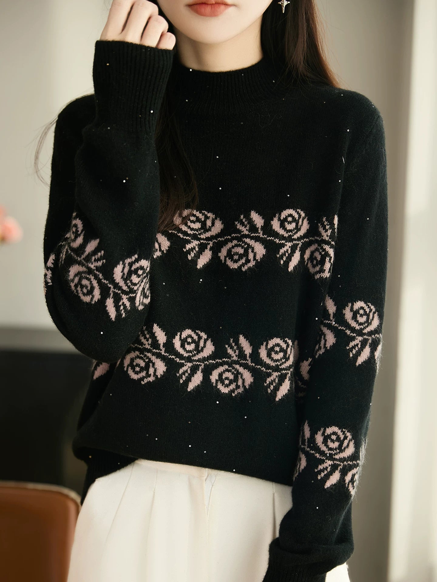 Floral Jacquard Knit Sweater, High-Neck Pullover in Black