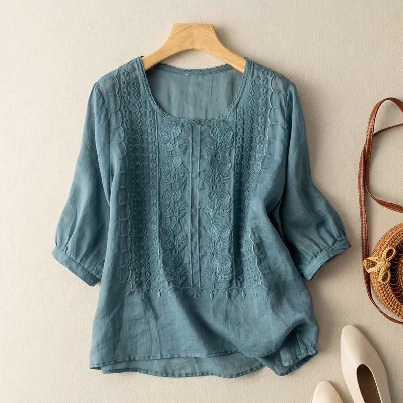 Embroidered Relaxed Top with Elbow-Length Sleeves
