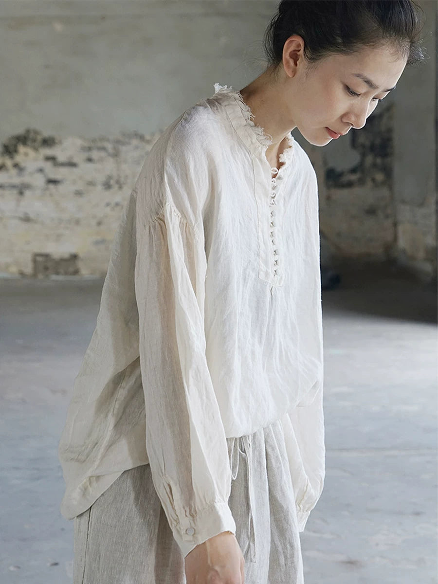 French Style Linen Top with Small Stand Collar