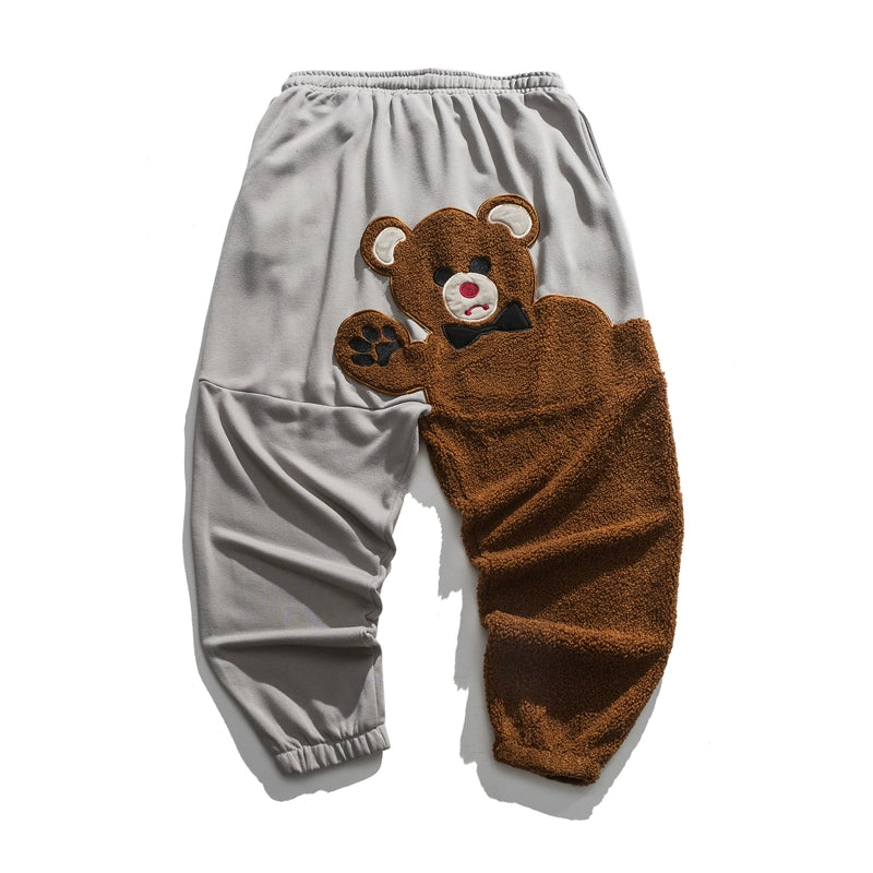 Pantalones bombachos extragrandes de polar con diseño de oso de dibujos animados para hombre