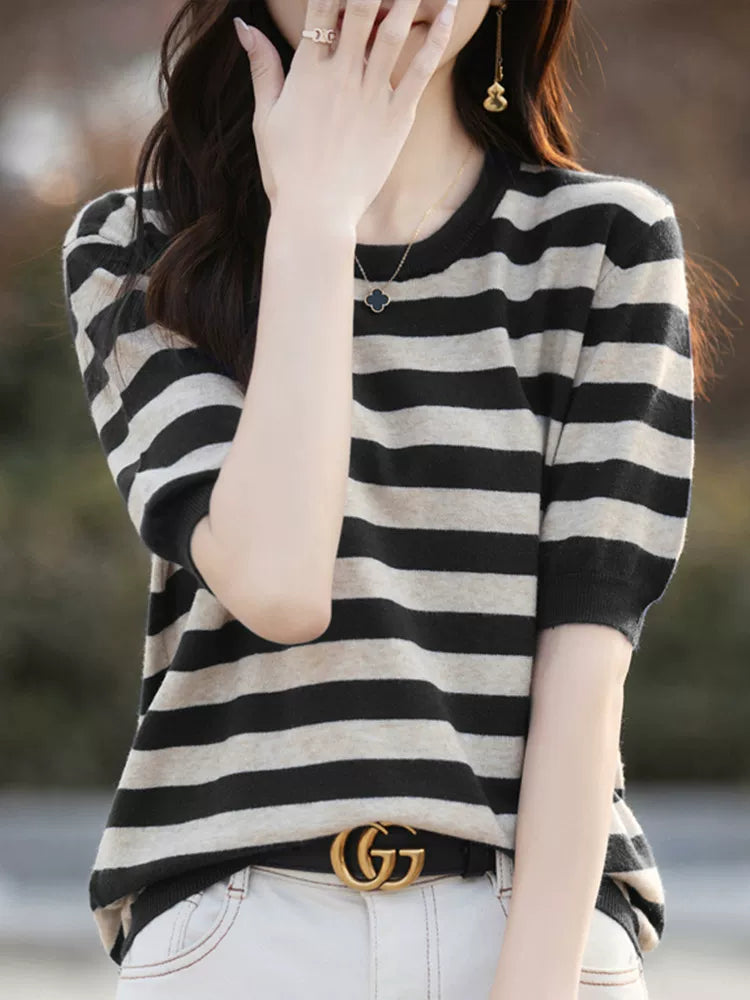 Striped Knit Top with Elbow-Length Sleeves