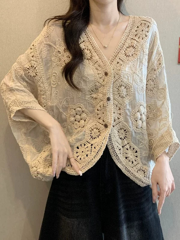 Crochet-Overlay Cardigan with V-Neck Button Front
