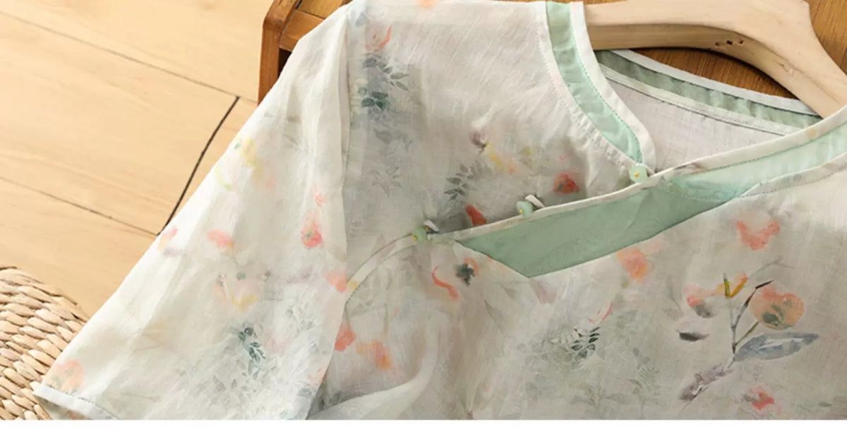Floral Print Cotton Linen Three Quarter Sleeve Shirt