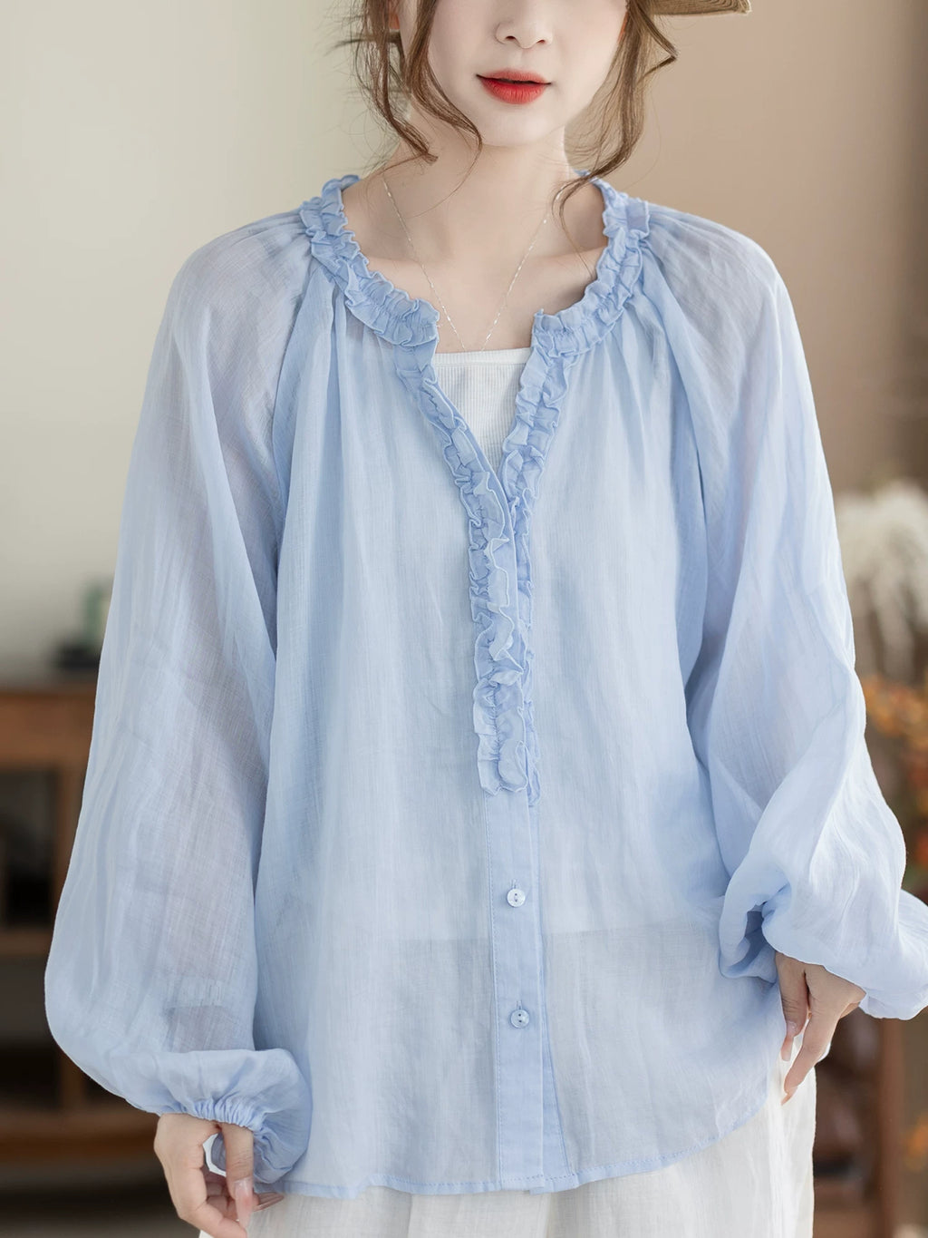100% Ramie Blouse with Ruffled V-Neck & Elbow Sleeves